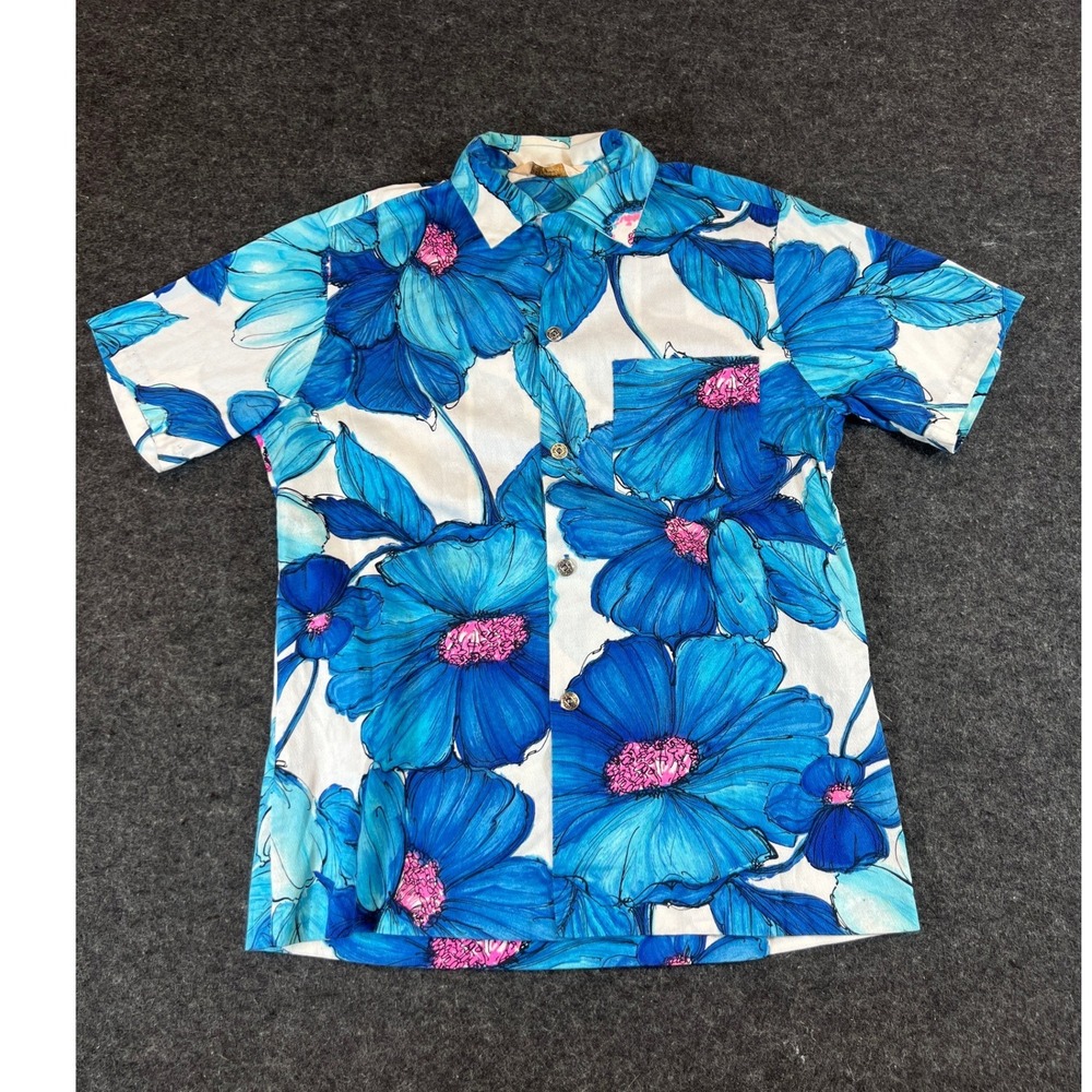 VTG 70s Royal Hawaiian Blue Floral Button Down Shirt Mens Large Loop Collar USA